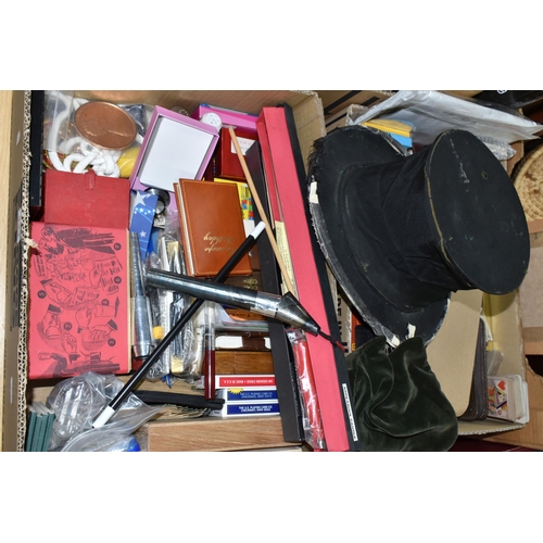 433 - SIX BOXES OF MAGICIANS EQUIPMENT, PROPS AND PLAYING CARDS, to include folding top hat, magic wands, ... 