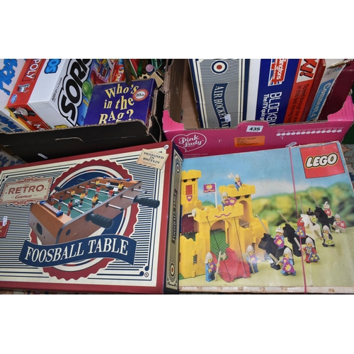 435 - TWO BOXES OF VINTAGE BOARD GAMES AND LEGO, to include a boxed set of Lego 375 (box is damaged and pl... 