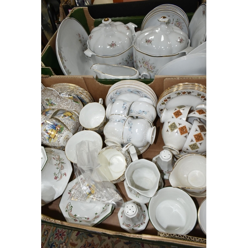 437 - TWO BOXES OF DINNER WARE, to include an Alba- Julia floral patterned dinner set including two covere... 