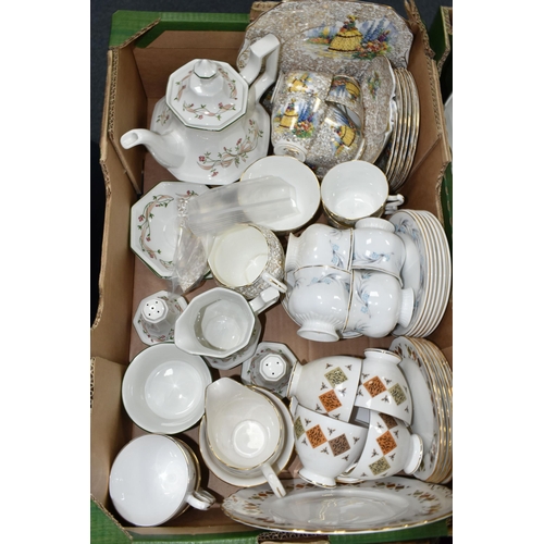 437 - TWO BOXES OF DINNER WARE, to include an Alba- Julia floral patterned dinner set including two covere... 