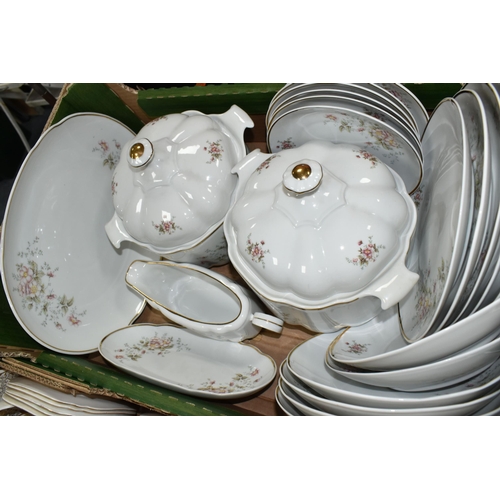 437 - TWO BOXES OF DINNER WARE, to include an Alba- Julia floral patterned dinner set including two covere... 