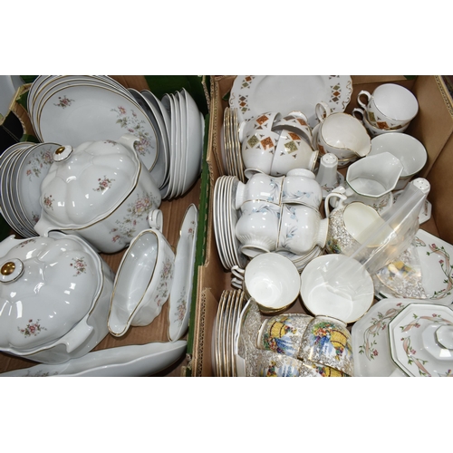 437 - TWO BOXES OF DINNER WARE, to include an Alba- Julia floral patterned dinner set including two covere... 