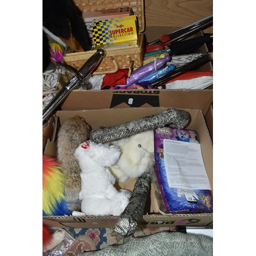 438 - FIVE BOXES OF MAGICIAN'S PROPS AND EQUIPMENT, to include faux rabbits, snakes, parrot, foam doves, u... 