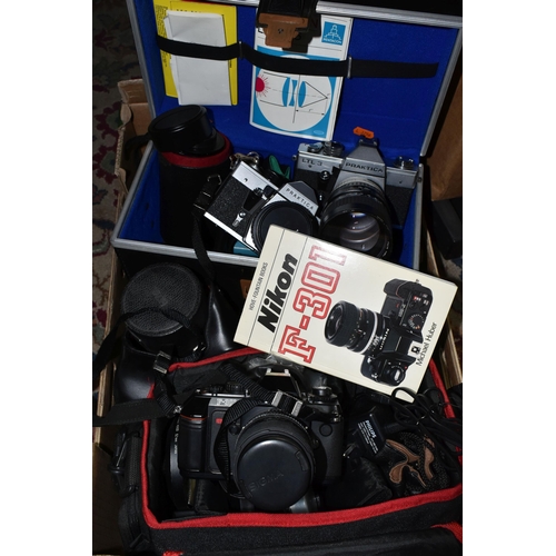 444 - A BOX OF CAMERAS AND CAMERA EQUIPMENT, to include a Nikon F-301 fitted with a 28-70mm f3.5-4.5 zoom ... 