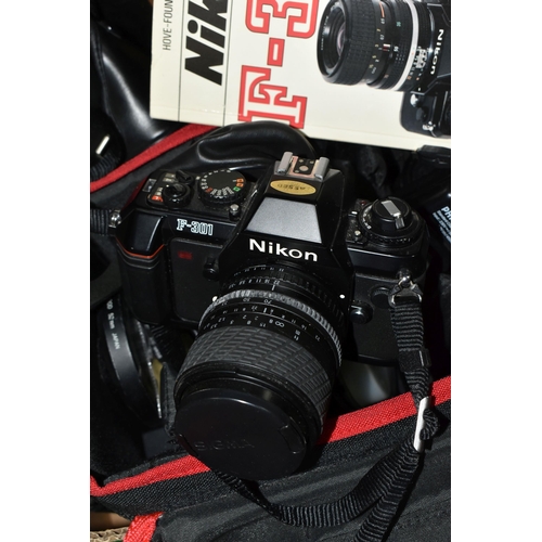 444 - A BOX OF CAMERAS AND CAMERA EQUIPMENT, to include a Nikon F-301 fitted with a 28-70mm f3.5-4.5 zoom ... 