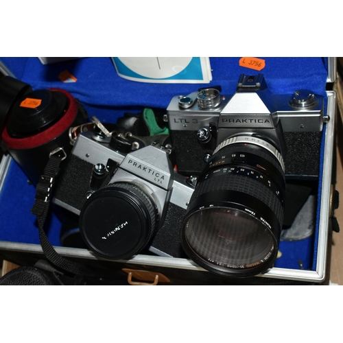 444 - A BOX OF CAMERAS AND CAMERA EQUIPMENT, to include a Nikon F-301 fitted with a 28-70mm f3.5-4.5 zoom ... 