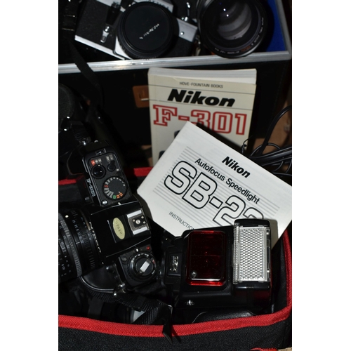 444 - A BOX OF CAMERAS AND CAMERA EQUIPMENT, to include a Nikon F-301 fitted with a 28-70mm f3.5-4.5 zoom ... 