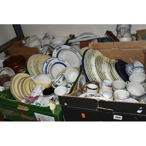 450 - FIVE BOXES OF CERAMIC TEA AND DINNER WARES, to include a Royal Worcester Evesham tureen and vegetabl... 