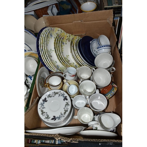 450 - FIVE BOXES OF CERAMIC TEA AND DINNER WARES, to include a Royal Worcester Evesham tureen and vegetabl... 