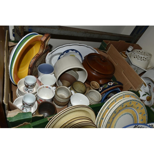 450 - FIVE BOXES OF CERAMIC TEA AND DINNER WARES, to include a Royal Worcester Evesham tureen and vegetabl... 