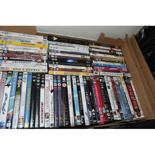 451 - FOUR BOXES AND LOOSE DVDS, CDS, BAGS AND SUNDRY ITEMS, to include approximately ninety DVDs and DVD ... 