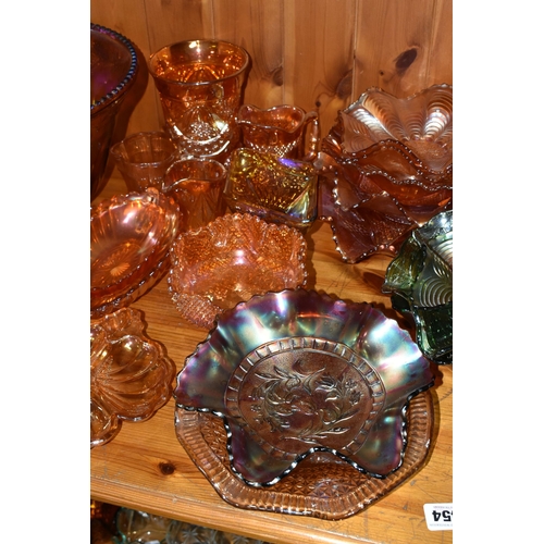 454 - A COLLECTION OF CARNIVAL GLASS, over forty pieces to include a punch bowl and cups, bowls, jugs, and... 