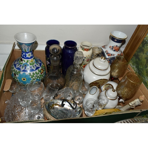 463 - TWO BOXES AND LOOSE CERAMICS, GLASS, METALWARES AND SUNDRY ITEMS, to include a pair of modern orient... 