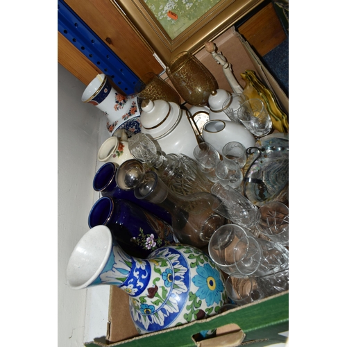 463 - TWO BOXES AND LOOSE CERAMICS, GLASS, METALWARES AND SUNDRY ITEMS, to include a pair of modern orient... 