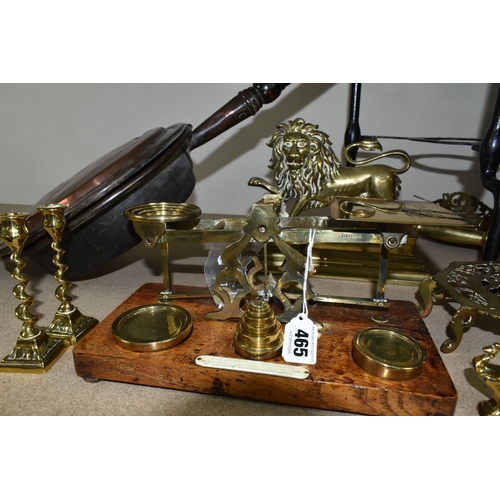 465 - A GROUP OF BRASS AND COPPER ITEMS, to include a set of S Mordan & Co postal scales with various weig... 