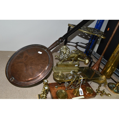 465 - A GROUP OF BRASS AND COPPER ITEMS, to include a set of S Mordan & Co postal scales with various weig... 