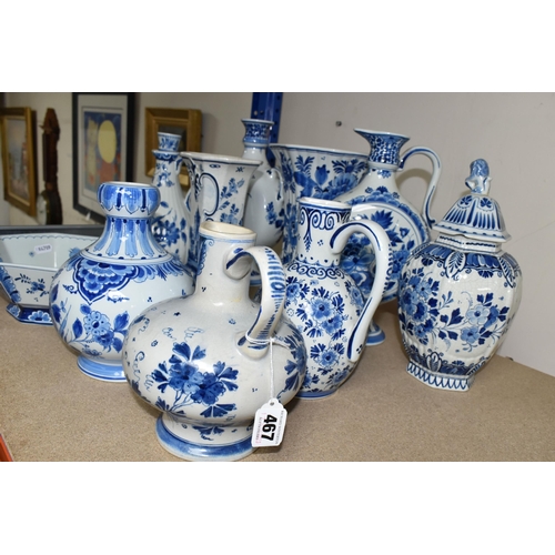 467 - A GROUP OF DELFT VASES, JUGS AND BOWL, ten pieces to include an octagonal footed bowl, a jug with st... 