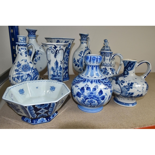 467 - A GROUP OF DELFT VASES, JUGS AND BOWL, ten pieces to include an octagonal footed bowl, a jug with st... 