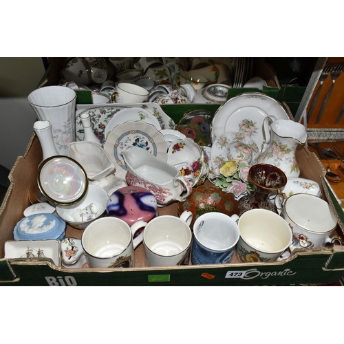 473 - THREE BOXES AND LOOSE CERAMICS, METALWARES AND SUNDRY ITEMS, to include two canteens of cutlery by E... 