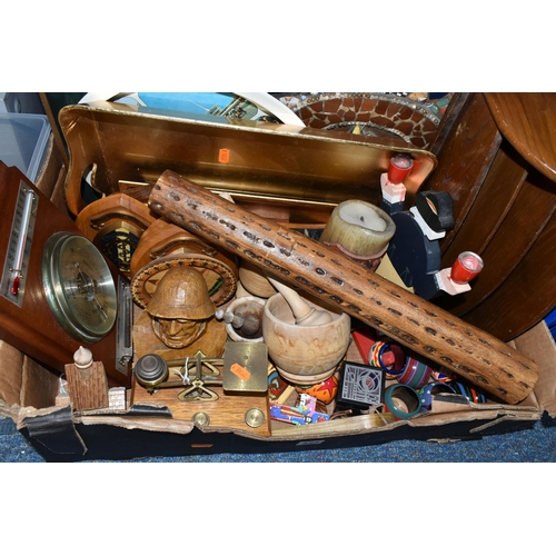 474 - TWO BOXES OF METALWARES, TREEN AND SUNDRY ITEMS, to include two copper kettles, a set of postal scal... 