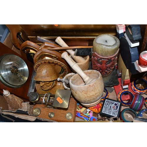 474 - TWO BOXES OF METALWARES, TREEN AND SUNDRY ITEMS, to include two copper kettles, a set of postal scal... 