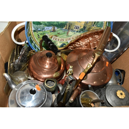 474 - TWO BOXES OF METALWARES, TREEN AND SUNDRY ITEMS, to include two copper kettles, a set of postal scal... 