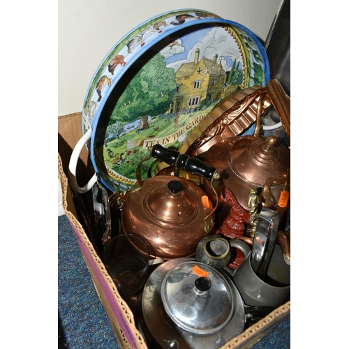 474 - TWO BOXES OF METALWARES, TREEN AND SUNDRY ITEMS, to include two copper kettles, a set of postal scal... 