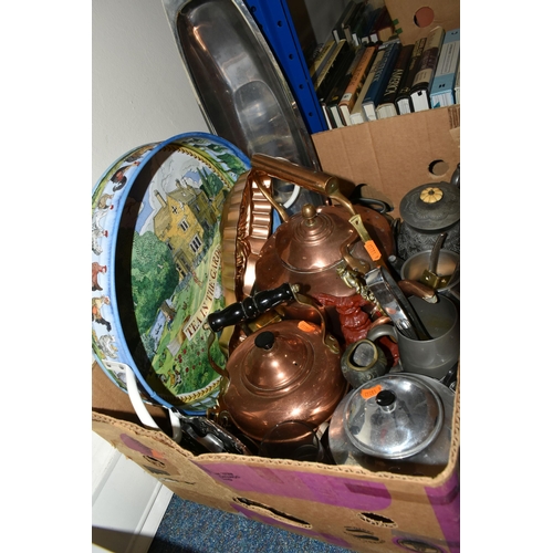 474 - TWO BOXES OF METALWARES, TREEN AND SUNDRY ITEMS, to include two copper kettles, a set of postal scal... 