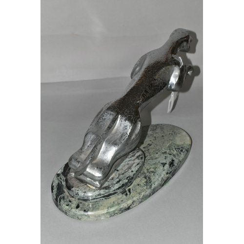 483 - AN ART DECO STYLE CHROME LEAPING JAGUAR, mounted on a green and black marble plinth, length includin... 