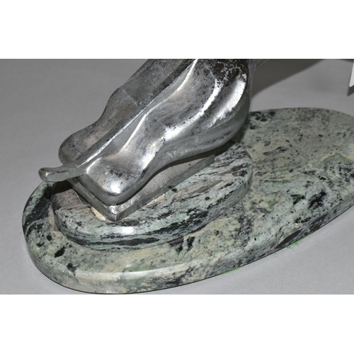 483 - AN ART DECO STYLE CHROME LEAPING JAGUAR, mounted on a green and black marble plinth, length includin... 