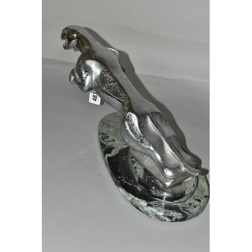 483 - AN ART DECO STYLE CHROME LEAPING JAGUAR, mounted on a green and black marble plinth, length includin... 