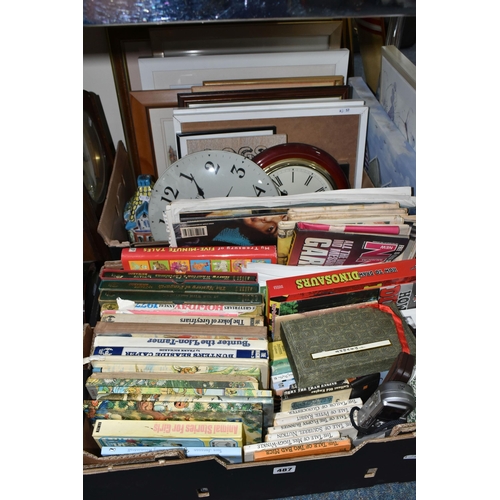 487 - TWO BOXES OF BOOKS, PICTURES, EPHEMERA AND CLOCKS, to include six 1970s Rupert annuals, four Beatrix... 