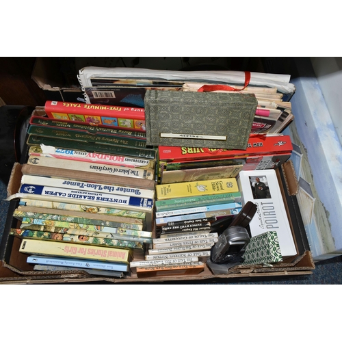 487 - TWO BOXES OF BOOKS, PICTURES, EPHEMERA AND CLOCKS, to include six 1970s Rupert annuals, four Beatrix... 