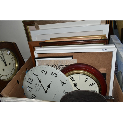 487 - TWO BOXES OF BOOKS, PICTURES, EPHEMERA AND CLOCKS, to include six 1970s Rupert annuals, four Beatrix... 