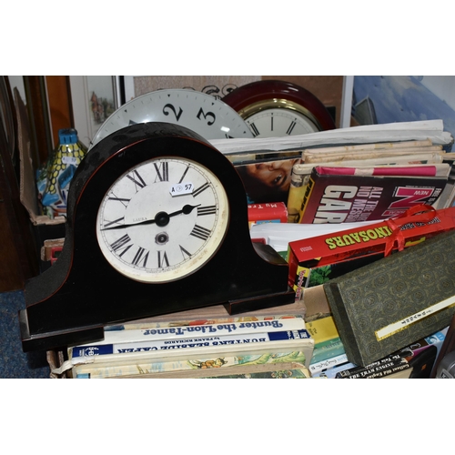 487 - TWO BOXES OF BOOKS, PICTURES, EPHEMERA AND CLOCKS, to include six 1970s Rupert annuals, four Beatrix... 