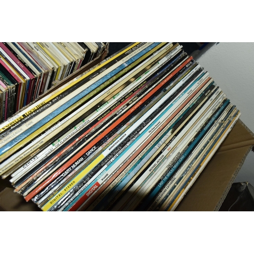 488 - FOUR TRAYS CONTAINING OVER TWO HUNDRED LPs, 78s AND 12in SINGLES mostly easy listening as well as 19... 