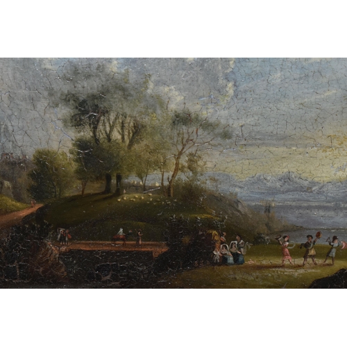 489 - A 19TH CENTURY CONTINENTAL LANDSCAPE WITH FIGURES, three figures are dancing while others look on, c... 