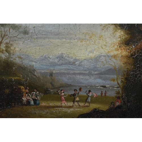 489 - A 19TH CENTURY CONTINENTAL LANDSCAPE WITH FIGURES, three figures are dancing while others look on, c... 