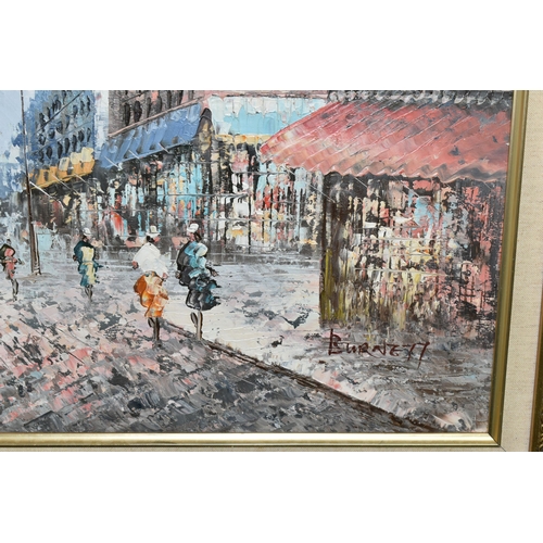 493 - A 20TH CENTURY PARISIAN STREET SCENE, bears a signature 'Burnett' bottom right, oil on canvas, appro... 