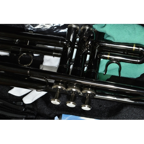 494 - AN EASTROCK CORNET with black chrome finish, a silvered mouthpiece, hard case along with a Allos No3... 