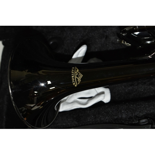 494 - AN EASTROCK CORNET with black chrome finish, a silvered mouthpiece, hard case along with a Allos No3... 