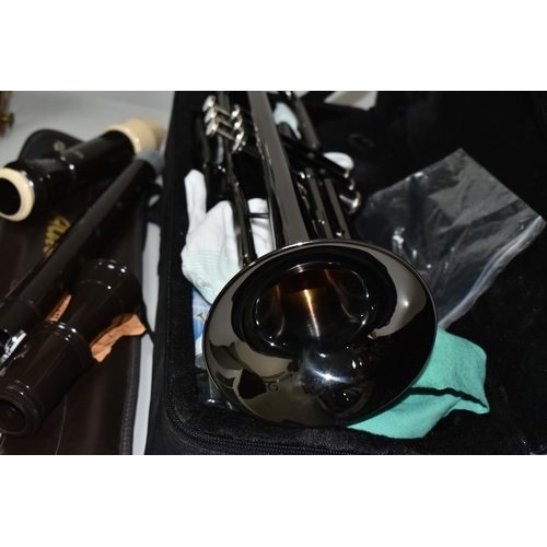 494 - AN EASTROCK CORNET with black chrome finish, a silvered mouthpiece, hard case along with a Allos No3... 