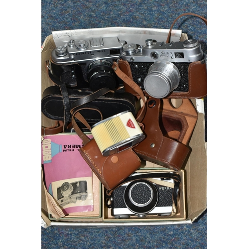 496 - A TRAY CONTAINING VINTAGE FILM CAMERAS comprising of a Zorki 4K fitted with a Jupiter 8 50mm f2 lens... 