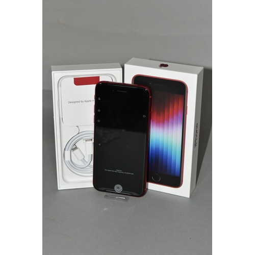 502 - A BOXED UNUSED APPLE IPHONE, a red third generation iPhone SE 64GB  model A2783 and USB (1) (Conditi... 