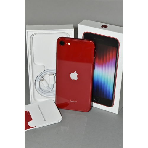 502 - A BOXED UNUSED APPLE IPHONE, a red third generation iPhone SE 64GB  model A2783 and USB (1) (Conditi... 