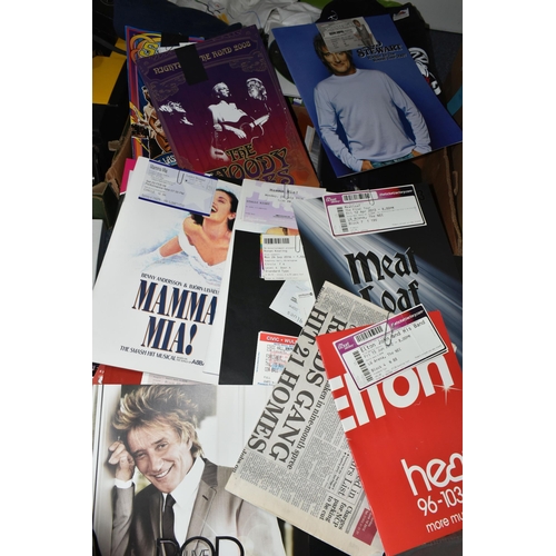 505 - TWO BOXES OF POP MUSIC MEMORABILIA to include a collection of 25 tour 'T' Shirts (appear unused) fro... 