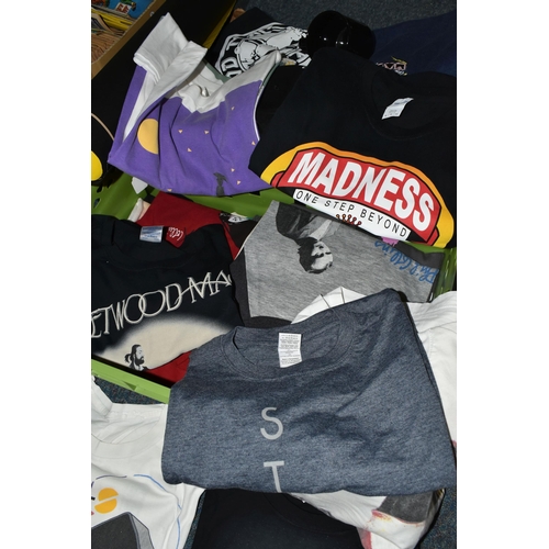 505 - TWO BOXES OF POP MUSIC MEMORABILIA to include a collection of 25 tour 'T' Shirts (appear unused) fro... 