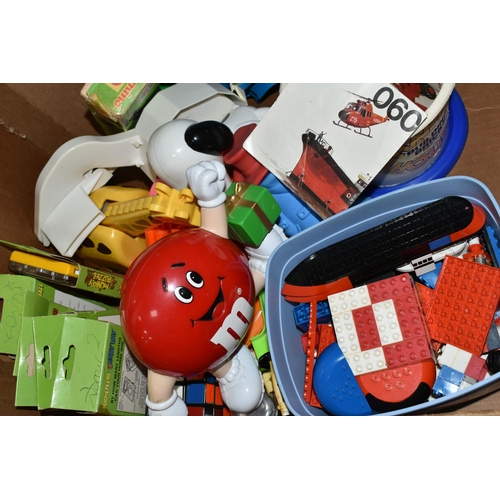 513 - FOUR BOXES OF TOYS AND SOUVENIR DOLLS, to include six Palitoy 'Pocketeers' games, a collection of tr... 