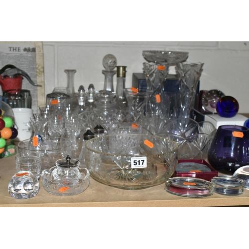 517 - A COLLECTION OF GLASSWARE, comprising three boxed Caithness glass paperweights, an amethyst glass va... 