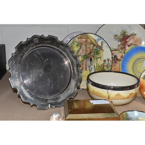 518 - A COLLECTION OF ROYAL DOULTON 'RUSTIC ENGLAND' PLATES AND SUNDRIES, comprising a pewter pitcher, a W... 